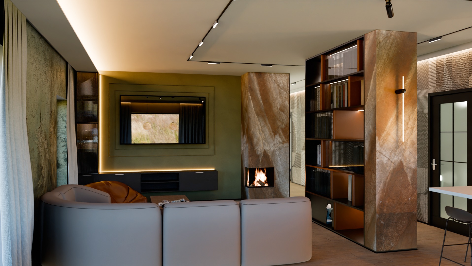 Nowoczesny salon z kominkiem obudowanym marmurem, minimalistycznym oświetleniem szynowym, telewizorem w ozdobnej ramie i regałem na książki z podświetleniem LED.