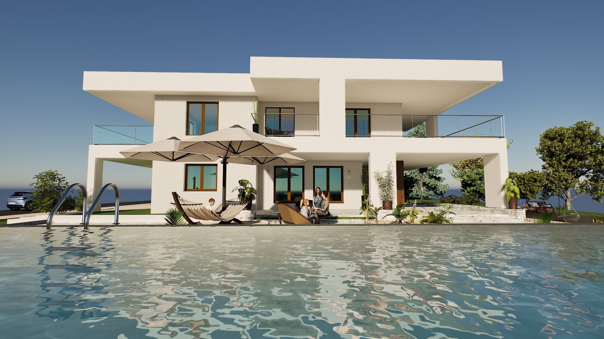 Wizualizacja nowoczesnego domu z basenem, biała elewacja, przeszklona balustrada balkonu, parasole ogrodowe i wypoczywająca rodzina.