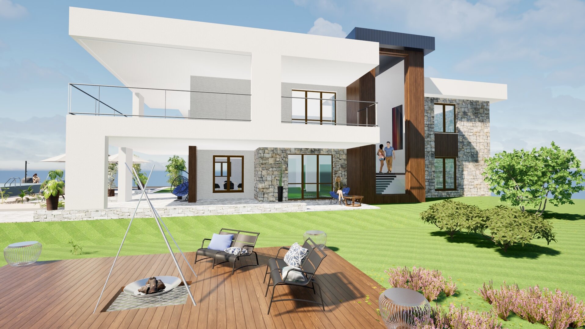 Wizualizacja nowoczesnego domu z elementami kamienia na elewacji, tarasem z paleniskiem i meblami ogrodowymi, z widokiem na basen i morze w tle.