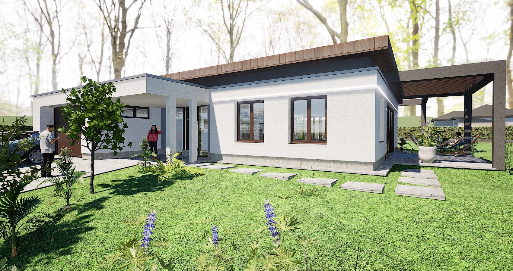 Wizualizacja parterowego domu z płaskim dachem i zadaszonym tarasem, z osobami i samochodem na podjeździe, otoczonego zielonym trawnikiem i drzewami.