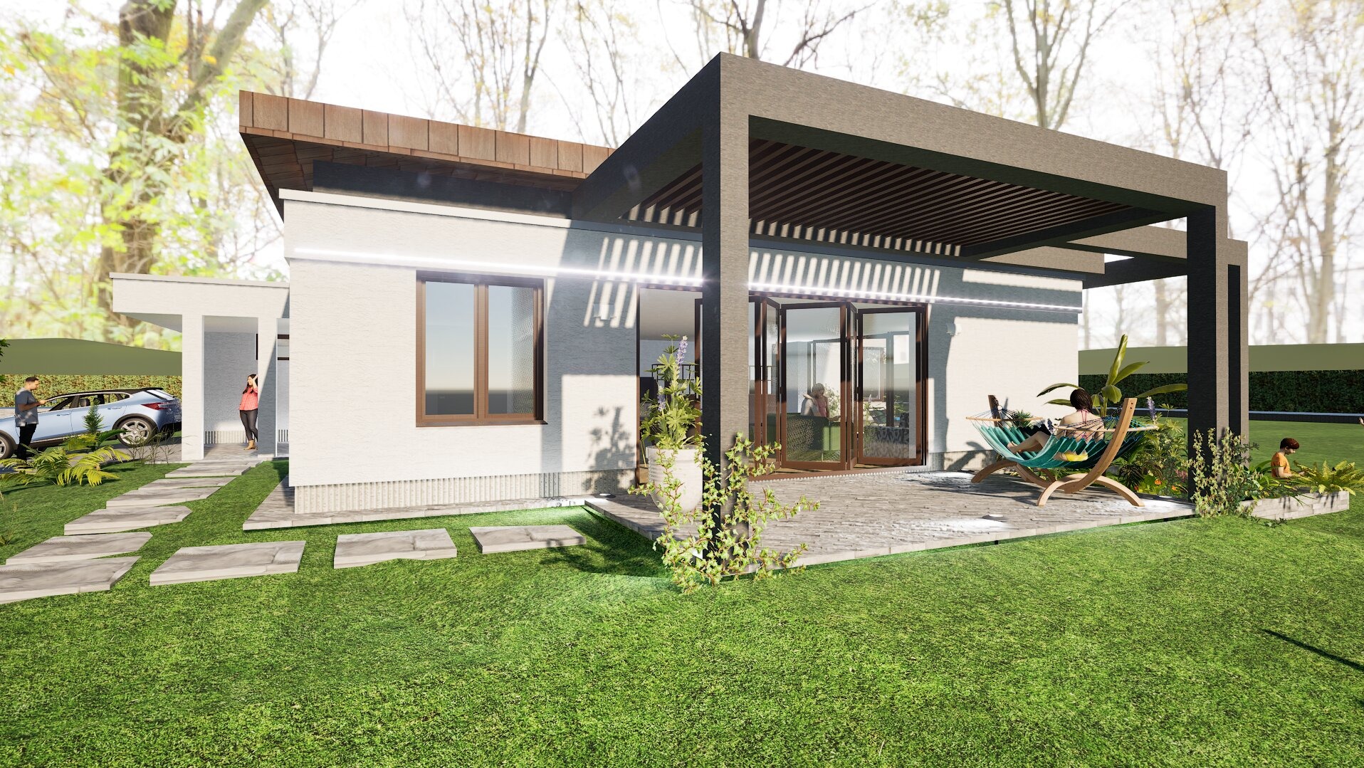Wizualizacja nowoczesnego, parterowego domu z płaskim dachem i pergolą nad tarasem, kobieta relaksująca się w hamaku, dziecko bawiące się w ogrodzie, na podjeździe zaparkowany samochód.