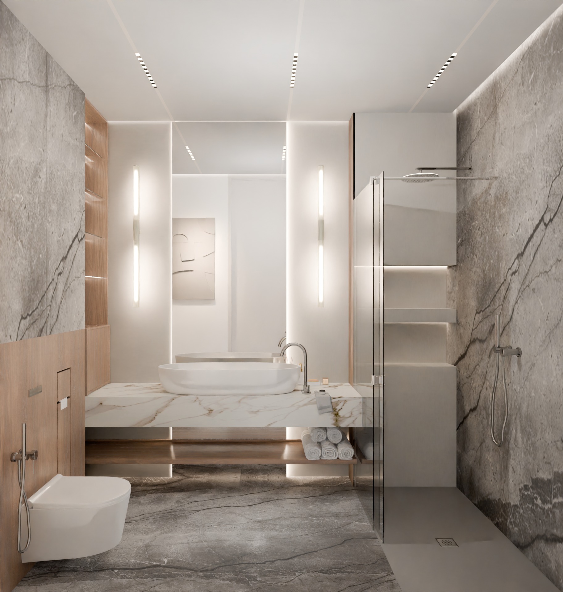 Nowoczesna łazienka z marmurowymi ścianami, podwieszaną toaletą, umywalką nablatową i szklaną kabiną prysznicową typu walk-in z oświetleniem LED.