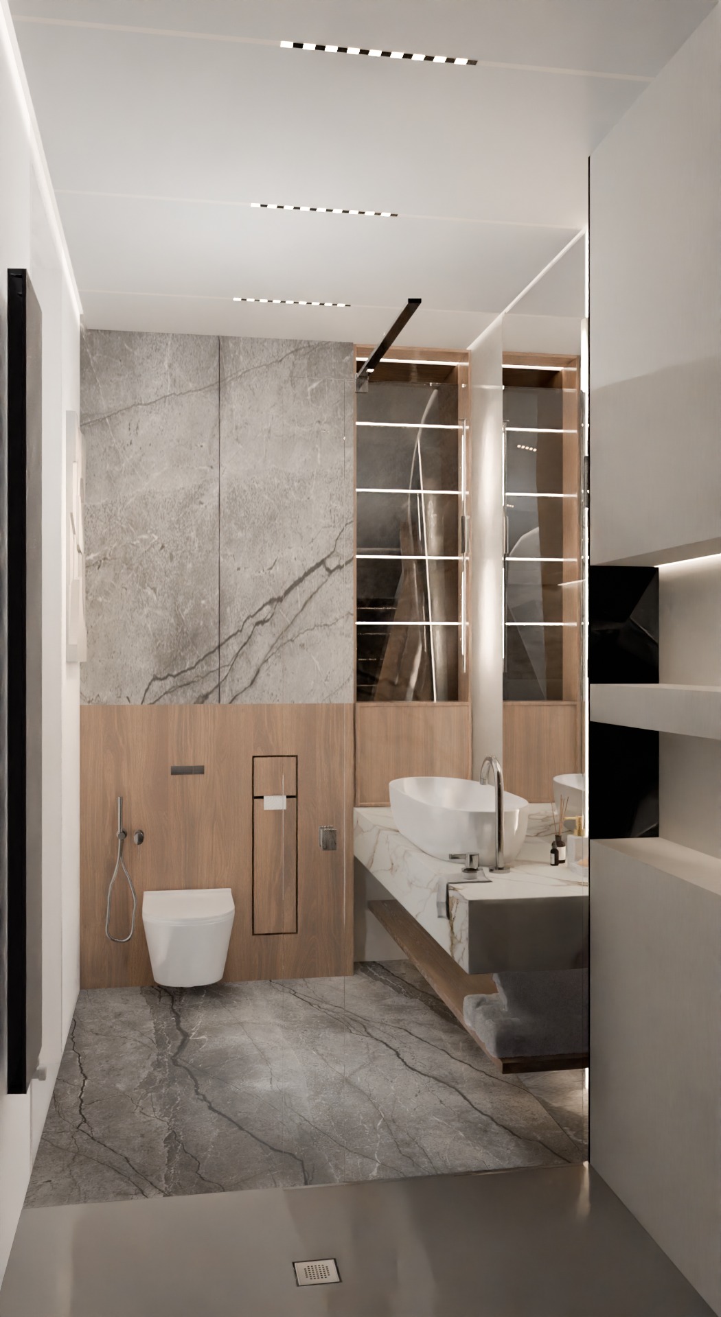 Nowoczesna łazienka z marmurową posadzką i ścianami, wisząca toaleta oraz umywalka na blacie z podświetleniem LED, szklane panele z oświetleniem w tle.