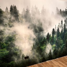 Michał Brzyski - Fototapeta z motywem mglistego lasu iglastego na ścianie w pokoju z drewnianą podłogą. Widoczne gniazdka elektryczne na tle fototapety.