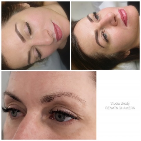 Kolaż przedstawiający zbliżenia twarzy kobiety po zabiegu makijażu permanentnego brwi i ust, z widocznymi detalami pigmentacji i kształtu. W prawym dolnym rogu logo salonu urody.