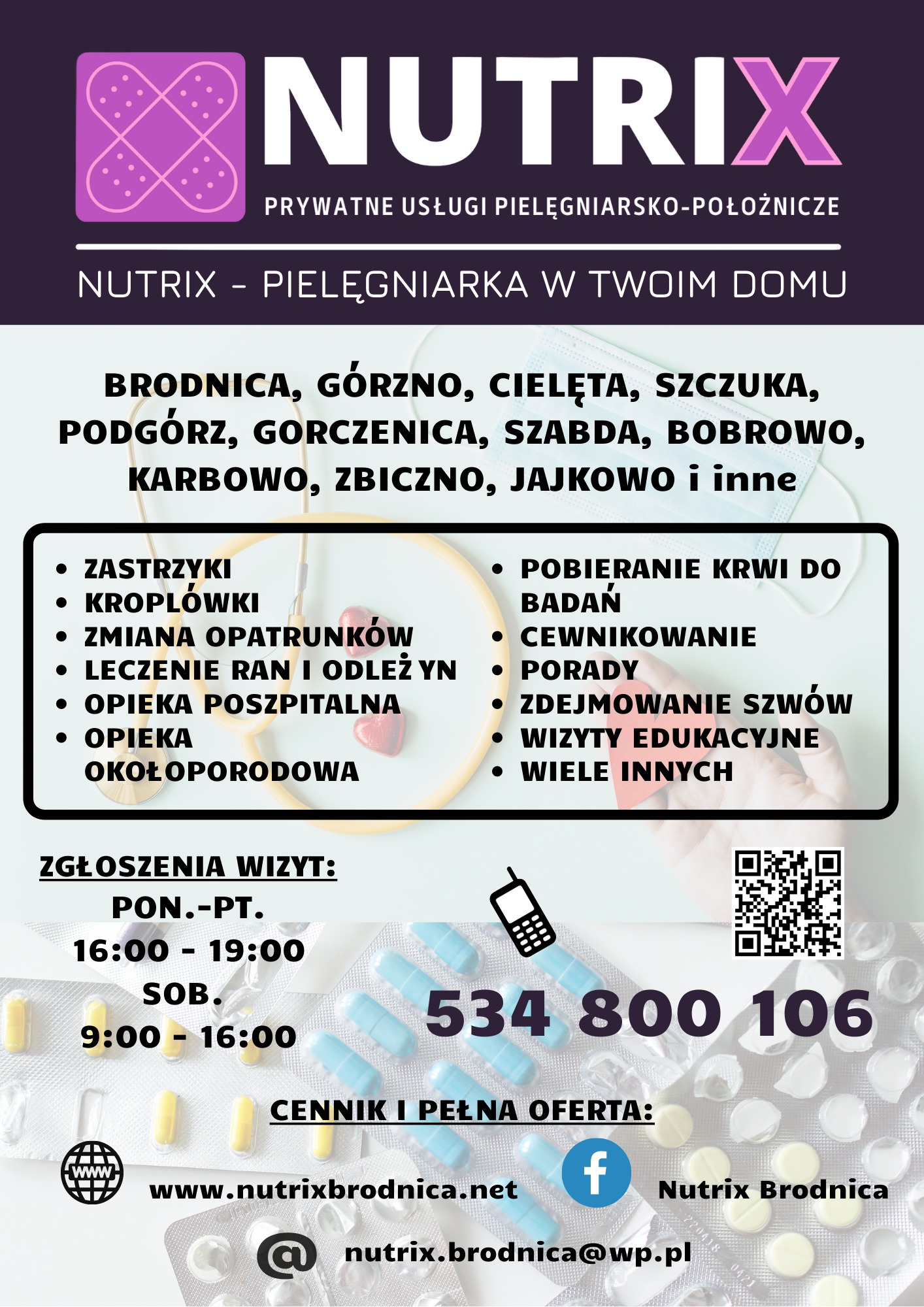 Grafika reklamowa z listą usług opiekuńczych i pielęgniarskich, numerem telefonu oraz adresem strony internetowej firmy Nutrix, na tle blistrów tabletek.