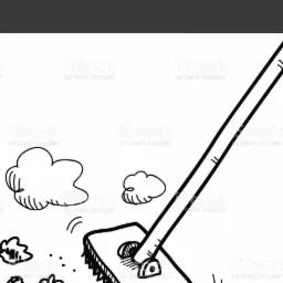 Czarno-biała ilustracja wektorowa przedstawiająca szczotkę na kiju zbierającą kłęby kurzu, z widocznymi liniami ruchu i symbolami kurzu unoszącymi się w powietrzu.