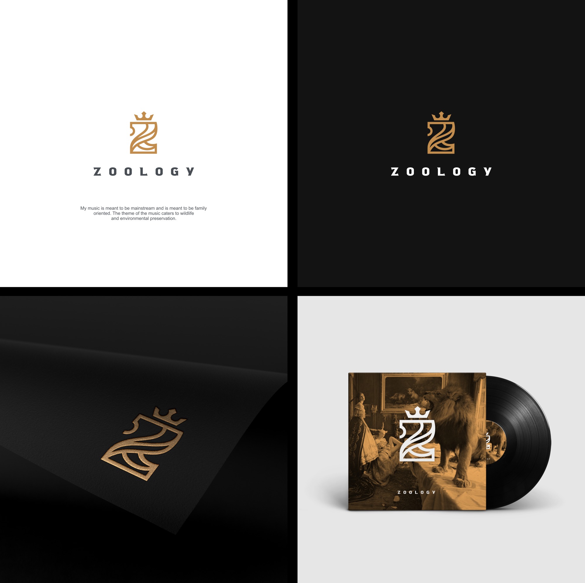 Kompozycja z czterech ujęć: złote logo z nazwą 'Zoology' na białym i czarnym tle, logo wytłoczone na czarnym papierze oraz okładka płyty winylowej z tym samym logo i wizerunkiem lwa.