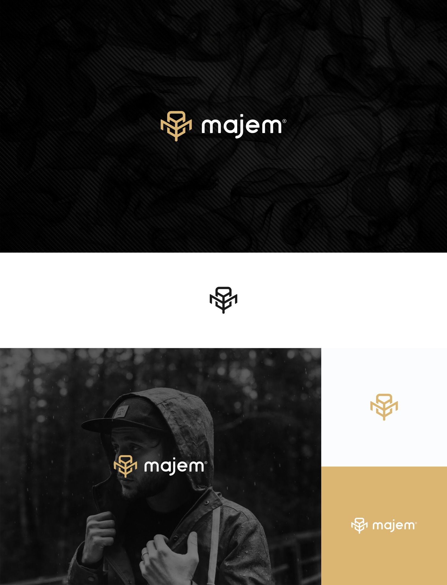 Prezentacja logo 'majem' w różnych wariantach: na ciemnym tle z teksturą, jako ikona oraz na zdjęciu osoby w deszczu, gdzie logo jest umieszczone na ubraniu.