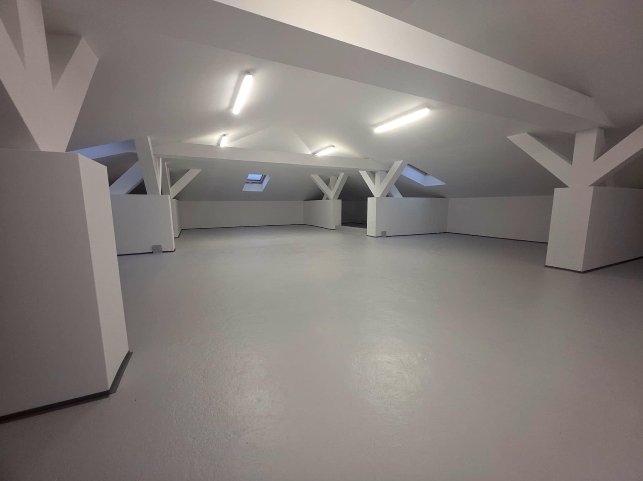 Jasne, przestronne poddasze po malowaniu, z widocznymi elementami konstrukcyjnymi i oknami dachowymi. Minimalistyczne wykończenie w odcieniach bieli i szarości.