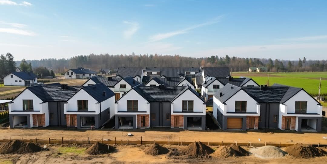 Osiedle nowych, dwukondygnacyjnych domów jednorodzinnych z białymi elewacjami i ciemnymi dachami, w trakcie wykończenia, na tle zielonych pól i lasu.