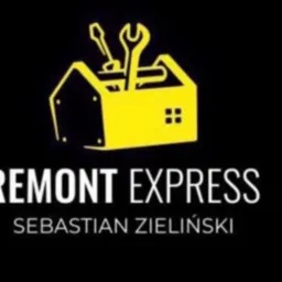 Żółto-czarne logo firmy Remont Express Sebastiana Zielińskiego z ikoną skrzynki narzędziowej w kształcie domu.