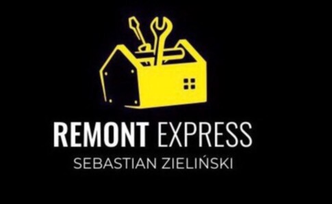 Żółto-czarne logo firmy Remont Express Sebastiana Zielińskiego z ikoną skrzynki narzędziowej w kształcie domu.