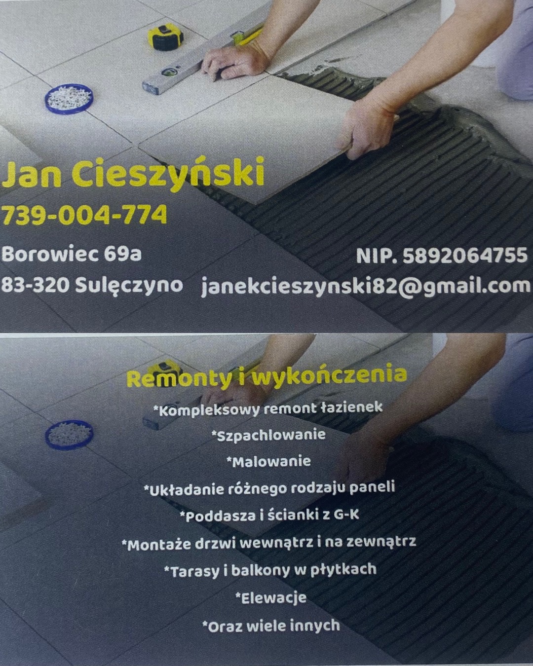 Wizytówka firmy remontowo-wykończeniowej z numerem telefonu, adresem email i listą usług, w tle fragment układania płytek.