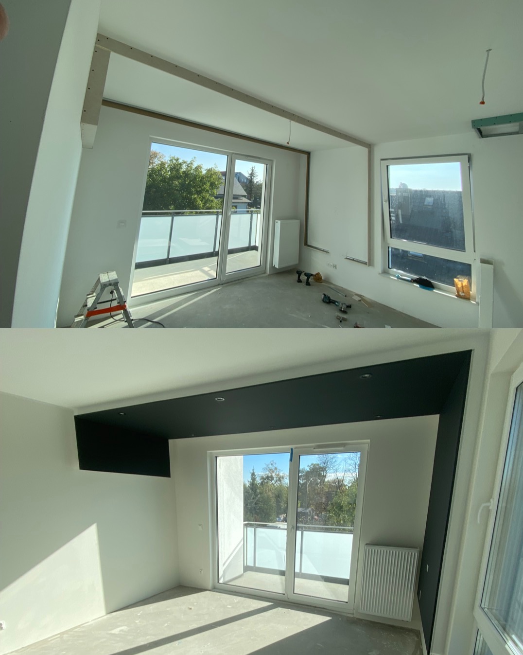 Dwuetapowe ujęcie wnętrza: górne - surowy stan z drabinką i narzędziami, dolne - po malowaniu z czarnym pasem na suficie i ścianie, widok na balkon.