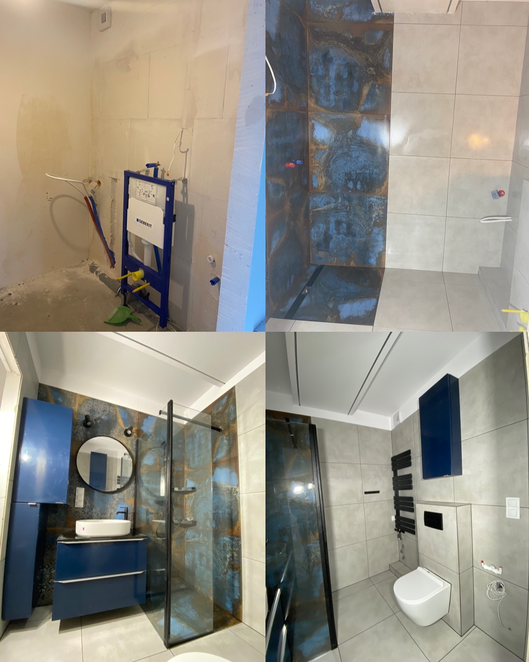 Czteropanelowe zestawienie zdjęć remontu łazienki: stan surowy z nieotynkowanymi ścianami i instalacją podtynkową Geberit, fragment ściany z niebiesko-złotymi płytkami, gotowa łazienka z kabiną...