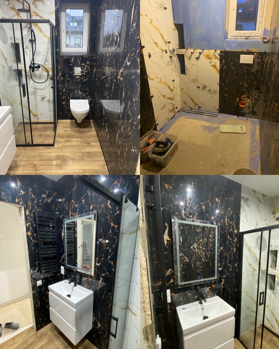 Cztery ujęcia łazienki w trakcie i po remoncie. Widoczne czarne płytki z białym i złotym wzorem, kabina prysznicowa z czarnymi ramami, biała toaleta, umywalka z szafką, grzejnik drabinkowy i lustro...