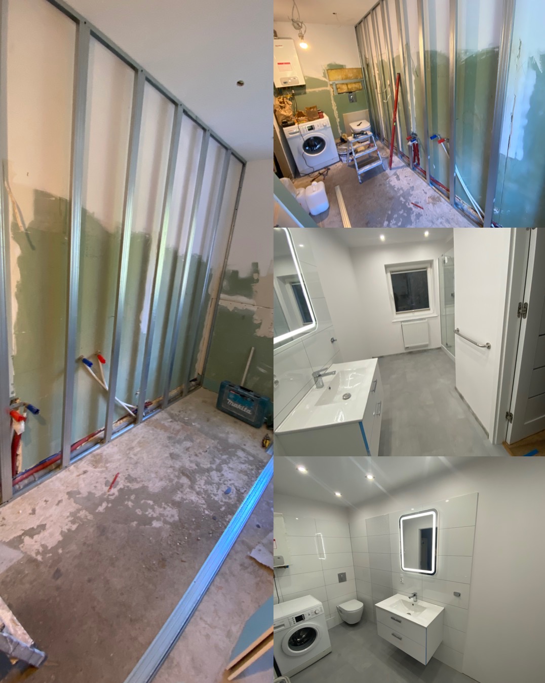 Fotografia przedstawia zestawienie stanu łazienki przed i po remoncie: surowe ściany z metalową konstrukcją pod płytki oraz wykończona, nowoczesna łazienka z białą armaturą, oświetleniem LED...