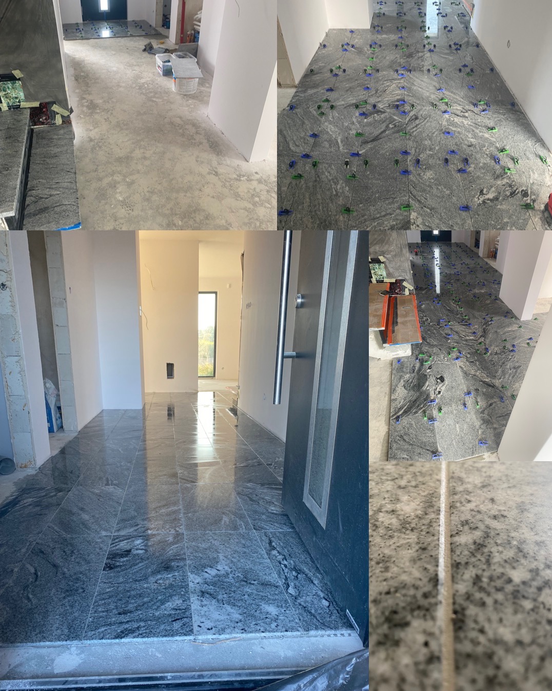 Kładzenie grafitowych płytek podłogowych z użyciem poziomujących klipsów w długim korytarzu; widoczny fragment progu drzwi wejściowych i przygotowane podłoże w tle.