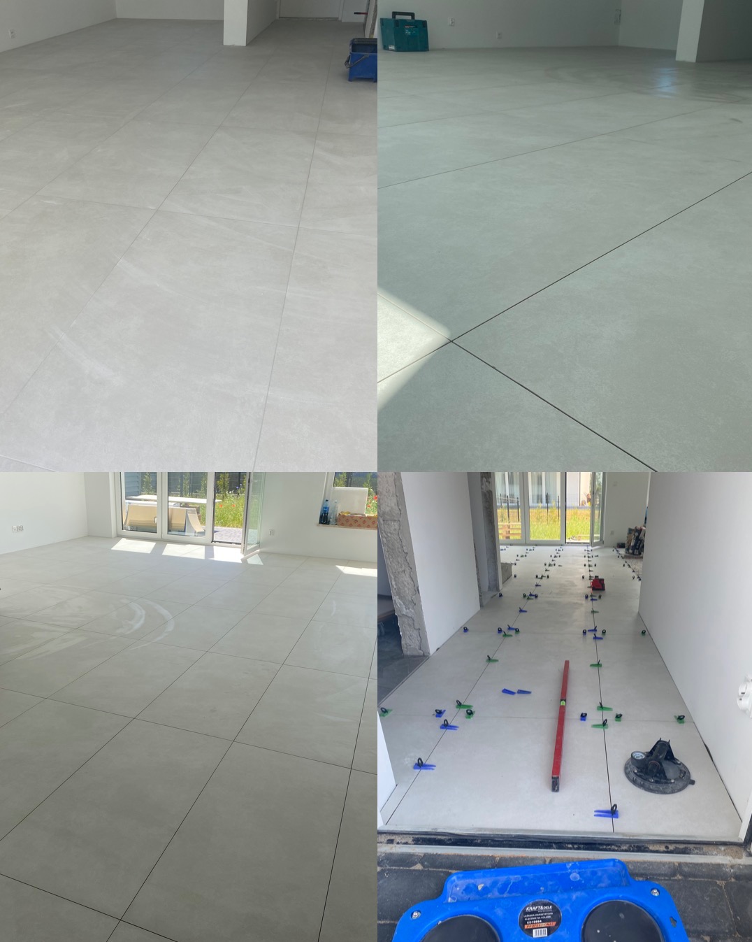 Jasnoszare płytki podłogowe ułożone w kilku pomieszczeniach, widoczne narzędzia glazurnicze i poziomica, niektóre płytki jeszcze nie są w pełni ułożone.