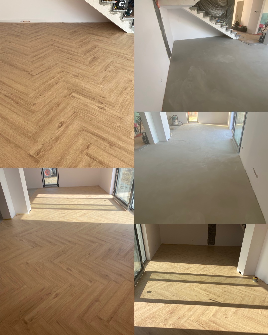 Kolaż przedstawiający etapy układania podłogi: wylewka, podkład i ułożone panele w jodełkę w jasnym pomieszczeniu z dużymi oknami.