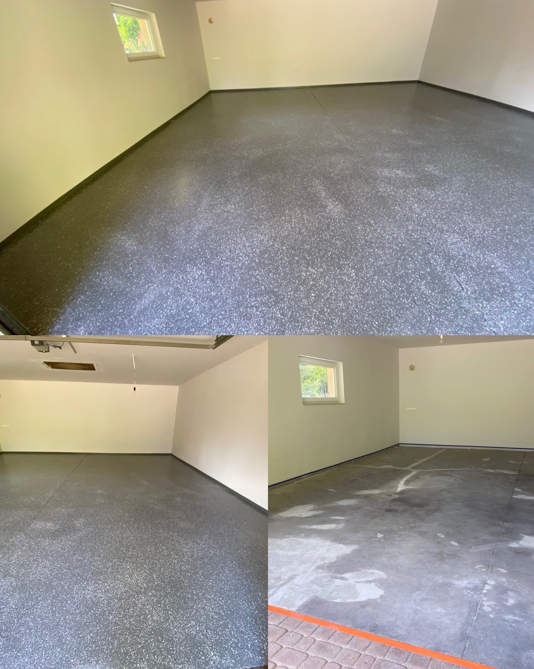 Szara, żywiczna posadzka garażowa z delikatnym wzorem drobnych plamek, widoczna w trzech ujęciach: całościowe, zbliżenie na wykończoną powierzchnię oraz fragment z przygotowaniem podłoża...