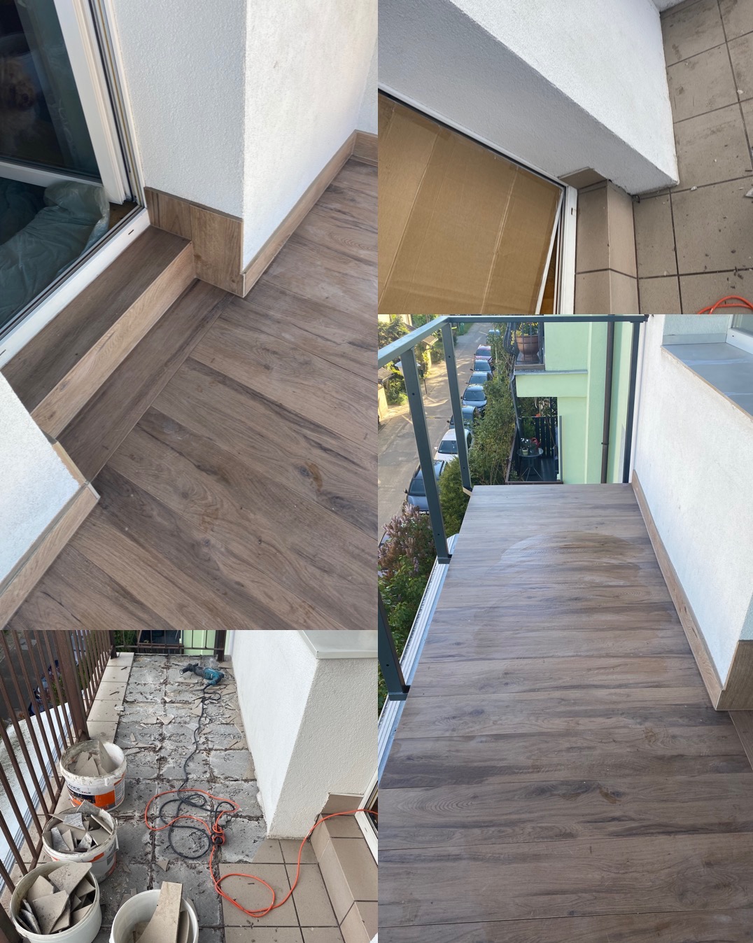 Montaż drewnopodobnych płytek na balkonie, widok na etapy prac: przygotowanie podłoża, ułożone płytki na schodach i gotowa powierzchnia z balustradą. Płytki ułożone w jodełkę.