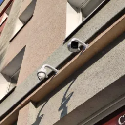 Dwie kamery monitoringu zewnętrznego zamontowane na elewacji budynku, widoczne okna i fragment szyldu reklamowego poniżej.