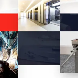 Mozaika zdjęć przedstawiająca różne aspekty działalności firmy z Mierzęcic: spawanie robotem przemysłowym, wnętrze biurowca z windami, oraz bramka obrotowa.