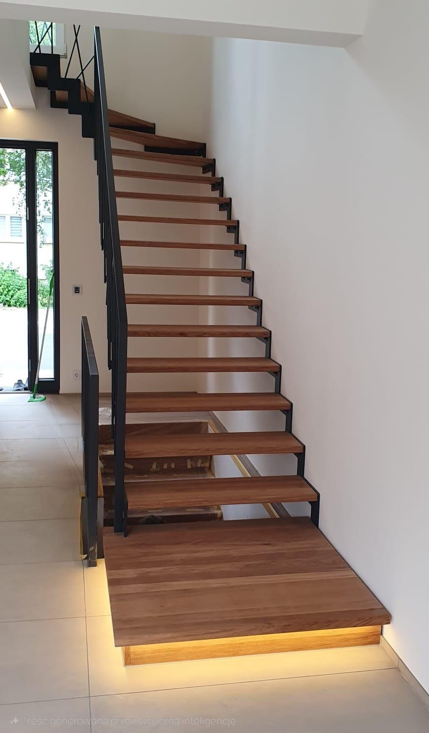 Drewniane schody z czarną, metalową balustradą w nowoczesnym wnętrzu. Podświetlane stopnie dodają elegancji. Widok z dołu na górę.