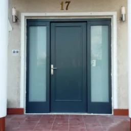 Ciemnoszare drzwi wejściowe z bocznymi przeszkleniami, numer domu '17' nad drzwiami, oświetlenie zewnętrzne, płytki na schodach wejściowych.