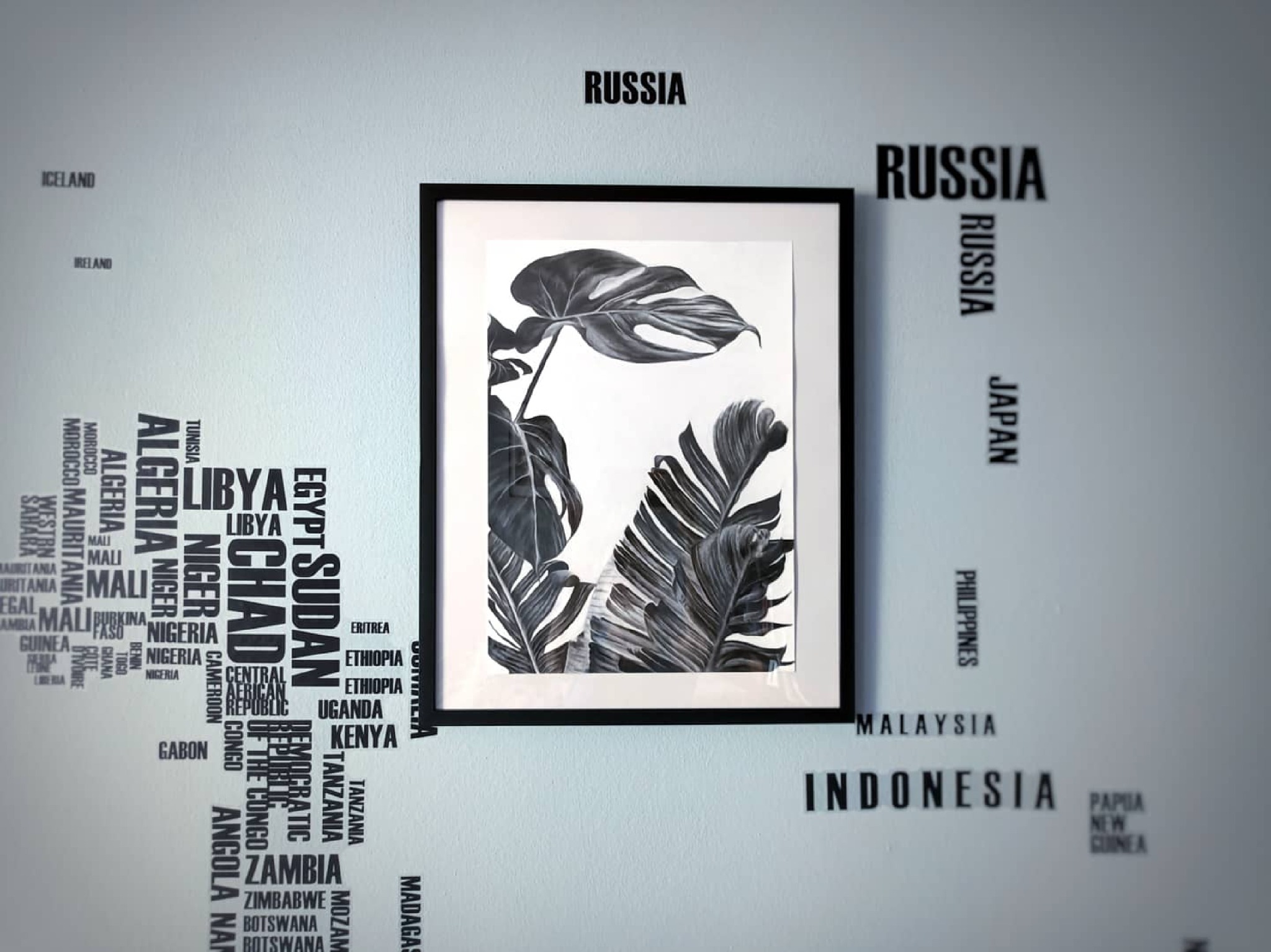 Czarno-biały plakat z motywem roślinnym w czarnej ramie, wiszący na ścianie z nadrukowanymi nazwami państw świata w różnych rozmiarach.
