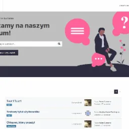 Strona internetowa forum z polem wyszukiwania, przyciskiem 'Stwórz nowy wątek' i listą dyskusji, grafika z osobą siedzącą na chmurce dymku z trzema poziomymi kreskami i chmurka z pytajnikiem w tle.