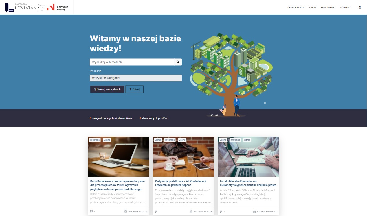 Ilustracja strony internetowej z hasłem 'Witamy w naszej bazie wiedzy!', polem wyszukiwania, listą kategorii i wizualizacją drzewa z budynkami, reprezentująca platformę wiedzy.