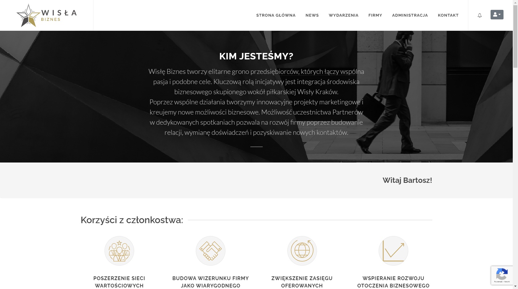 Strona internetowa Wisła Biznes z nagłówkiem 'Kim jesteśmy?' i zdjęciem biznesmena rozmawiającego przez telefon w tle, sekcja 'Korzyści z członkostwa' z ikonami.