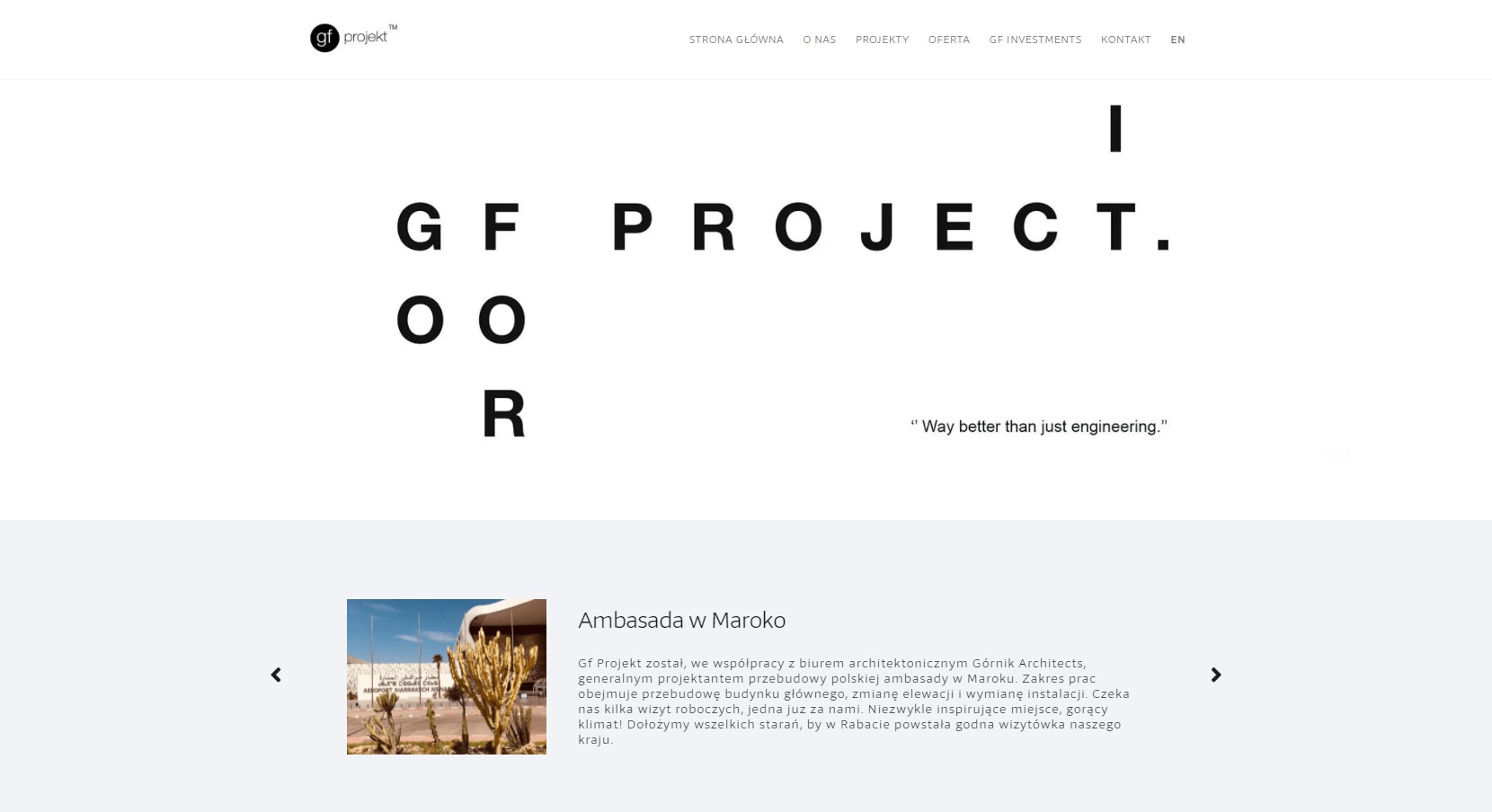 Fragment strony internetowej z logo 'gf projekt', tekstem 'GF PROJECT. OOR' i hasłem 'Way better than just engineering.', poniżej krótki opis realizacji 'Ambasada w Maroko' z miniaturką zdjęcia...