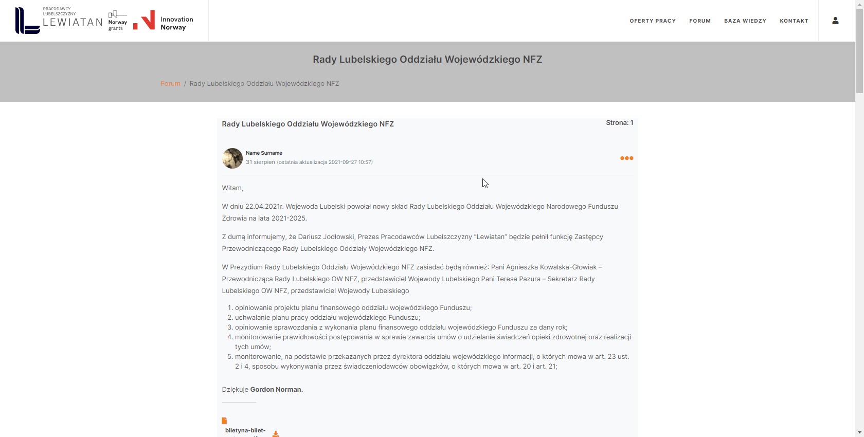 Zrzut ekranu strony internetowej z forum Rady Lubelskiego Oddziału Wojewódzkiego NFZ, zawierający wpis z informacją o powołaniu nowego składu Rady oraz o jej prezydium.