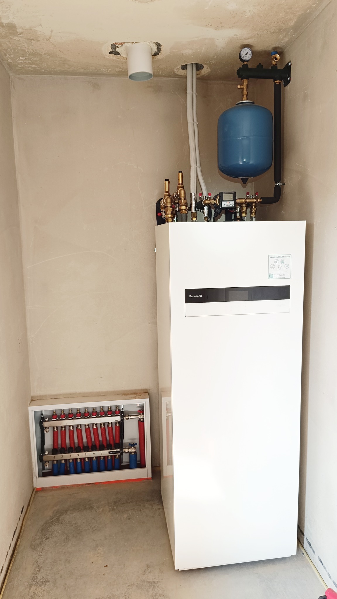 Instalacja pompy ciepła Panasonic Aquarea w surowym pomieszczeniu w Węgrzcach Wielkich, widoczny rozdzielacz ogrzewania podłogowego z rurami czerwonymi i niebieskimi oraz orurowanie do podłączenia.