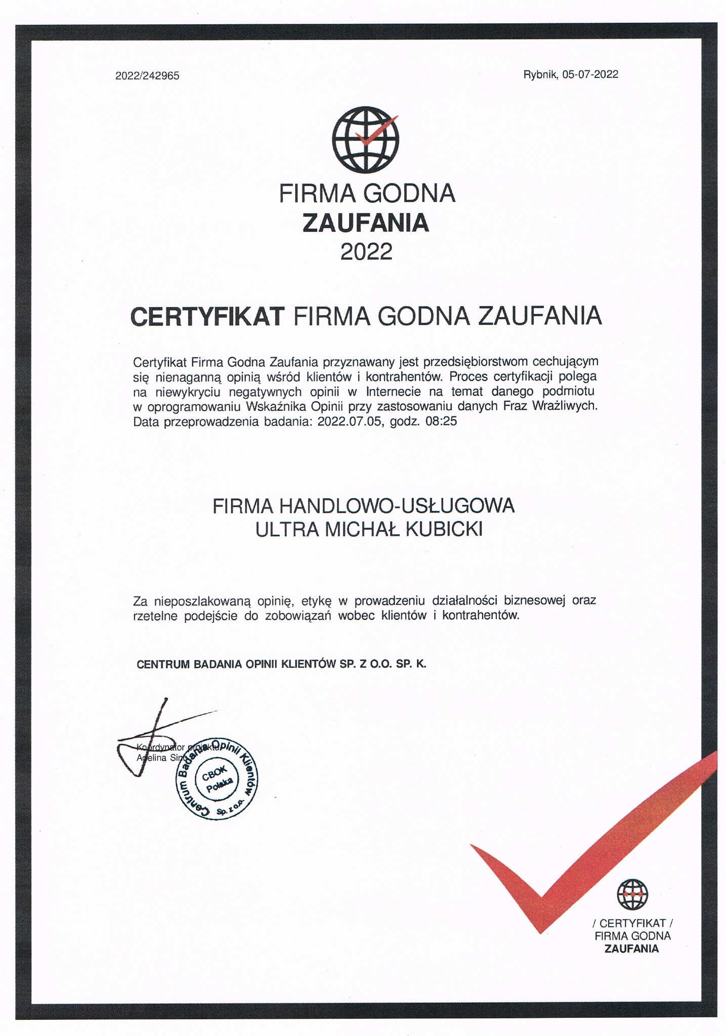 Skan certyfikatu 'Firma Godna Zaufania 2022' dla firmy handlowo-usługowej Ultra Michał Kubicki, wydany przez Centrum Badania Opinii Klientów.