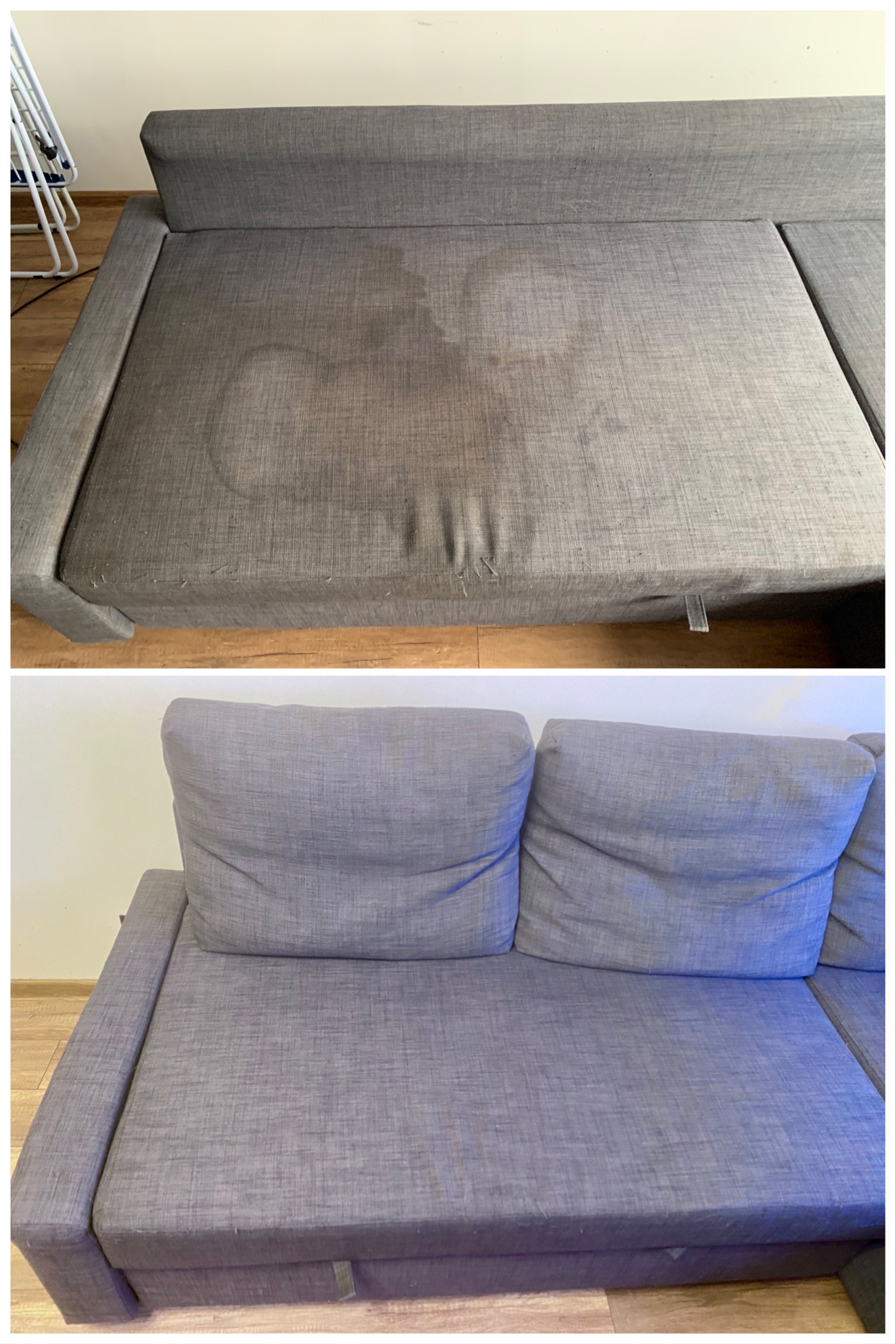 Porównanie: górna część szarej kanapy z widocznymi, okrągłymi plamami i zagnieceniami na siedzisku; dolna część: ta sama kanapa po czyszczeniu, z widocznymi poduszkami o jednolitej, czystej barwie.