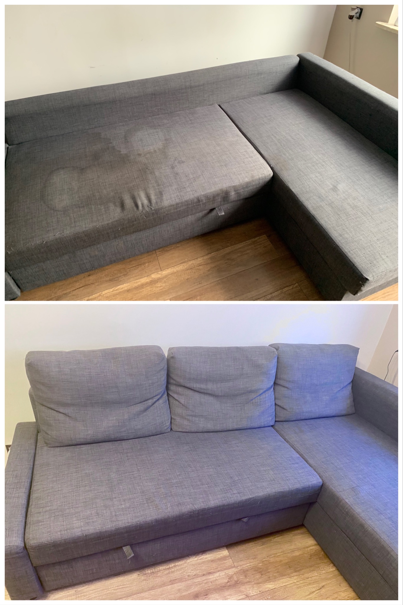 Dwuetapowe ujęcie szarej, narożnej kanapy: górna część pokazuje plamy przed czyszczeniem, dolna część prezentuje kanapę po zabiegu, z widoczną poprawą wyglądu.