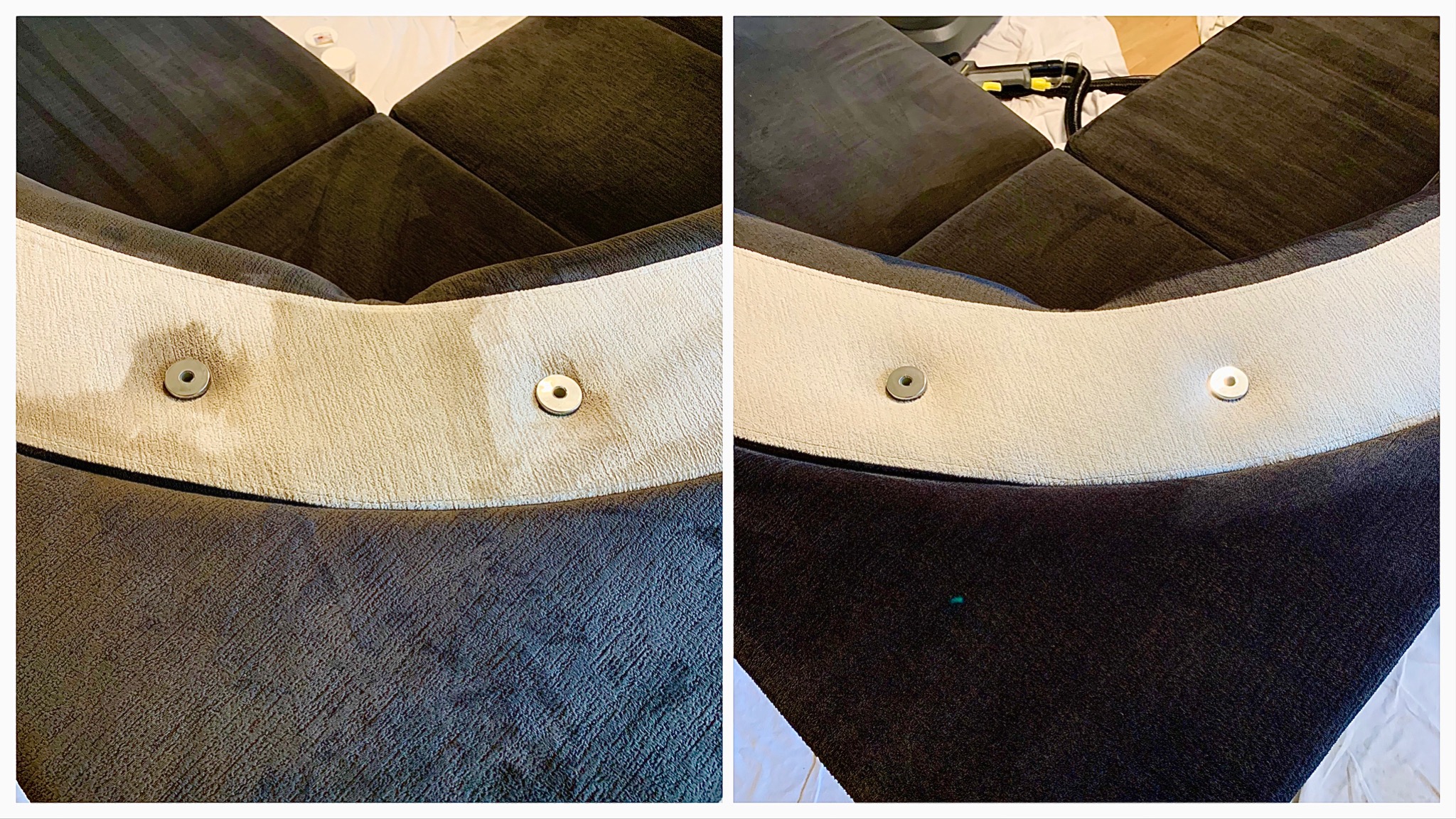 Dwa ujęcia fragmentu rogówki przed i po czyszczeniu, widoczna różnica w kolorze tapicerki na jasnym pasie z ozdobnymi guzikami.