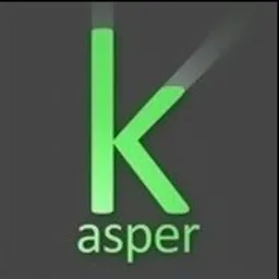 Zielona litera K z nazwą firmy 'asper' pod spodem, na ciemnoszarym tle. Litera ma gradient i efekt rozmycia w górnej części.