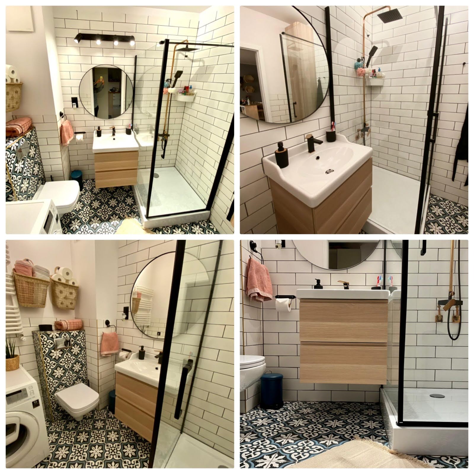 Wnętrze łazienki po remoncie: białe płytki, wzorzysta podłoga, kabina prysznicowa z czarnymi ramami, umywalka z drewnianą szafką, okrągłe lustro, styl retro.