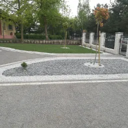 Nowoczesny ogród z szarym brukiem, białymi obrzeżami i wysypanymi kamieniami, na których rosną drzewka, w tle trawnik i ogrodzenie.