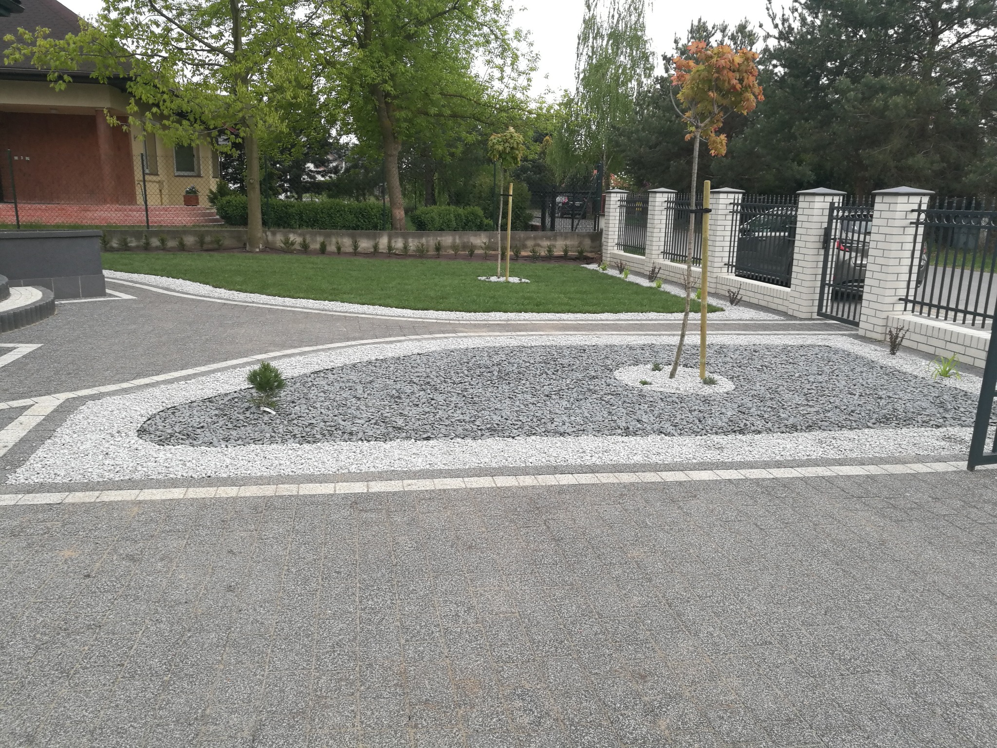 Nowoczesny ogród z szarym brukiem, białymi obrzeżami i wysypanymi kamieniami, na których rosną drzewka, w tle trawnik i ogrodzenie.