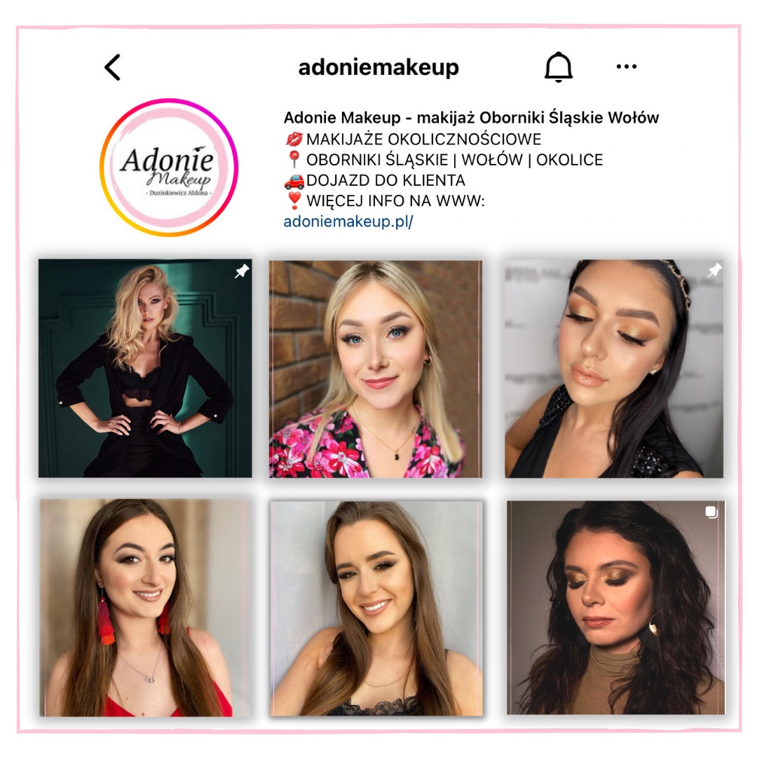 Zrzut ekranu profilu na Instagramie 'adoniemakeup' prezentującego galerię zdjęć z portretami kobiet po zabiegach upiększających twarz, wykonanych przez wizażystkę.