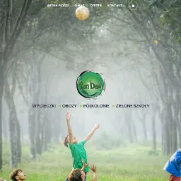 Strona internetowa z logo 'fun ball' na tle mglistego lasu i bawiących się dzieci, oferująca wycieczki, obozy, półkolonie i zielone szkoły.