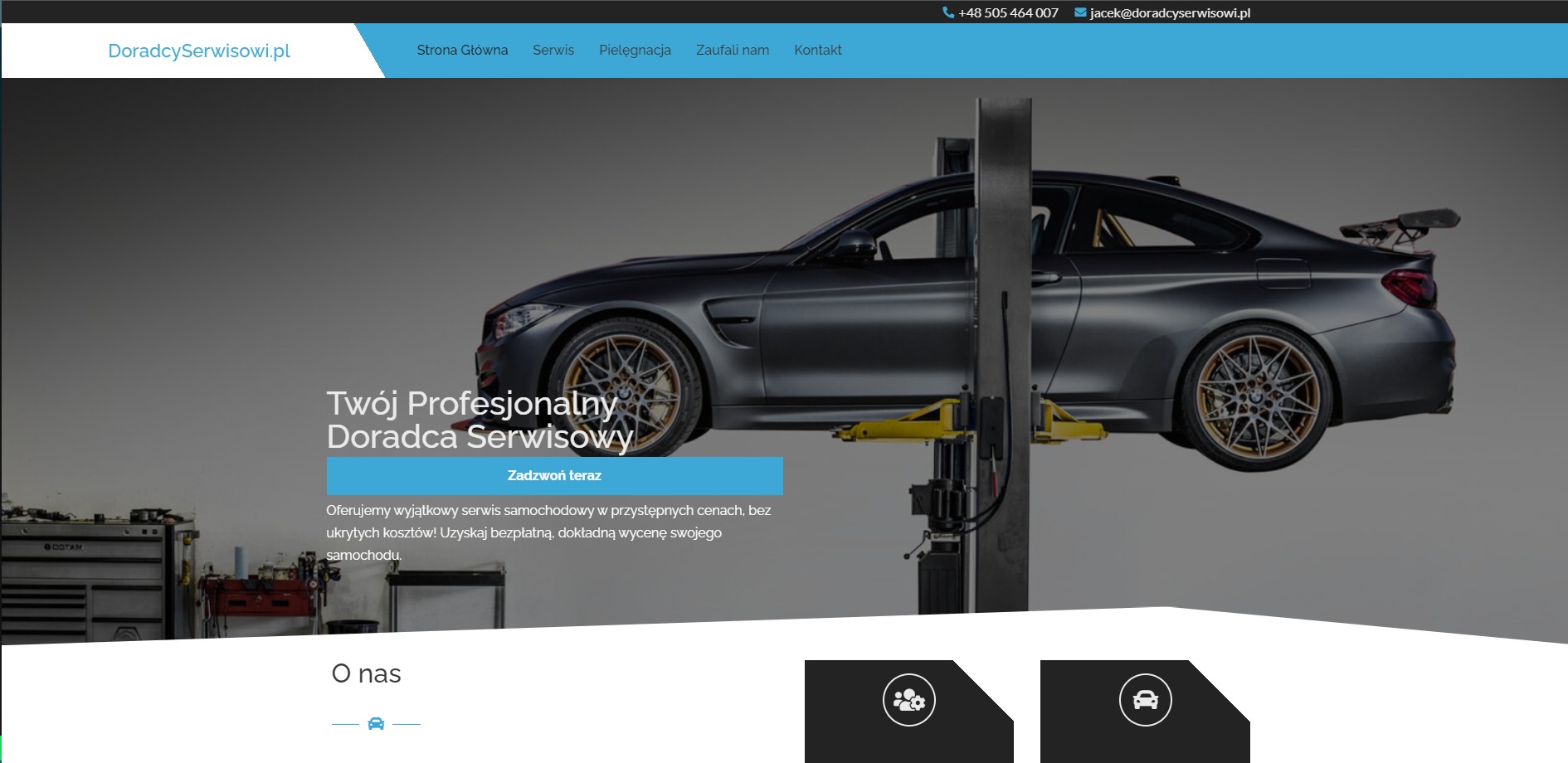 Strona internetowa firmy doradcyserwisowi.pl z szarym BMW M4 na podnośniku warsztatowym w tle, widoczny numer telefonu i adres email w nagłówku.