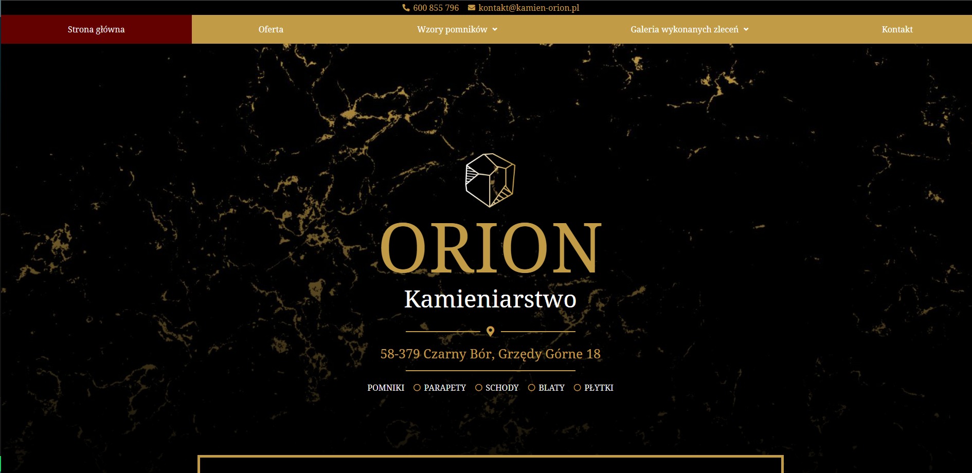 Strona internetowa firmy kamieniarskiej Orion z ciemnym tłem imitującym marmur, złotym logo i nawigacją.